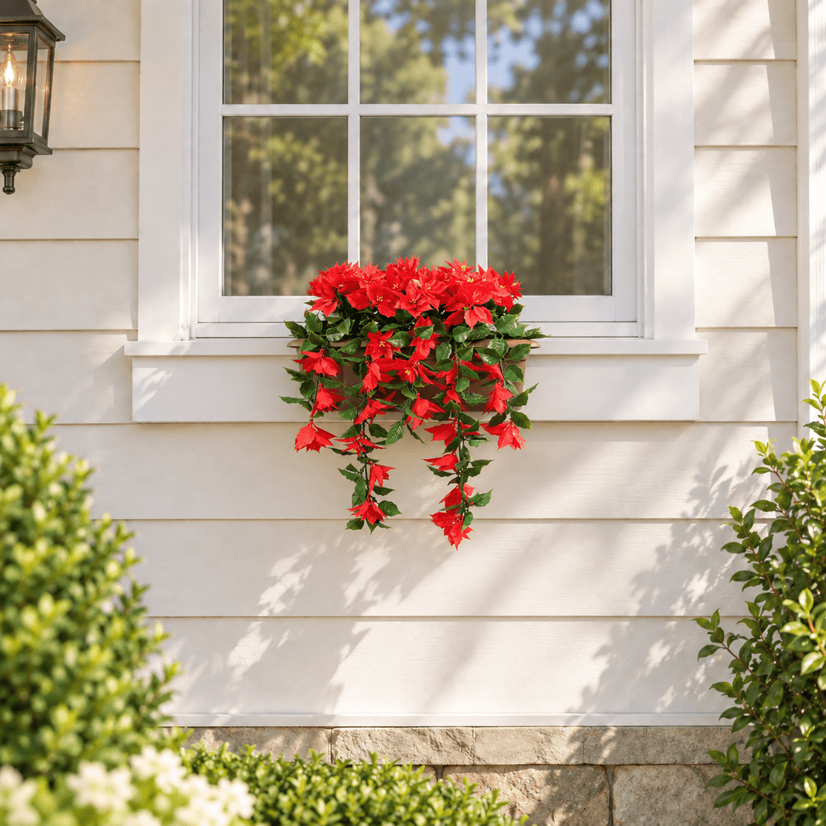 20 by 14-inch UV-resistant draping poinsettia artificial window box installed beneath an outdoor window
