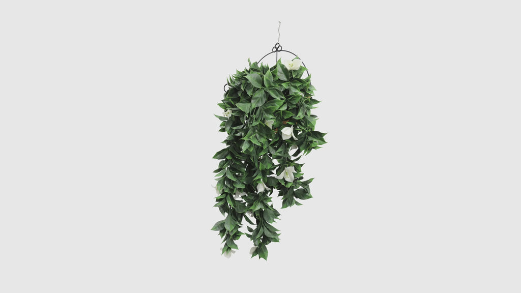 White Bougainvillea Artificial Hanging Plant Set of 5 featuring lifelike white blooms and cascading green foliage, each measuring 35 inches in length. UV-resistant for long-lasting color and durability, making it ideal for outdoor landscaping, hanging baskets, pergolas, balconies, event décor, and maintenance-free greenery displays.