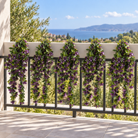 Set of five 35-inch UV-resistant purple artificial bougainvillea hanging stems on an outdoor railing