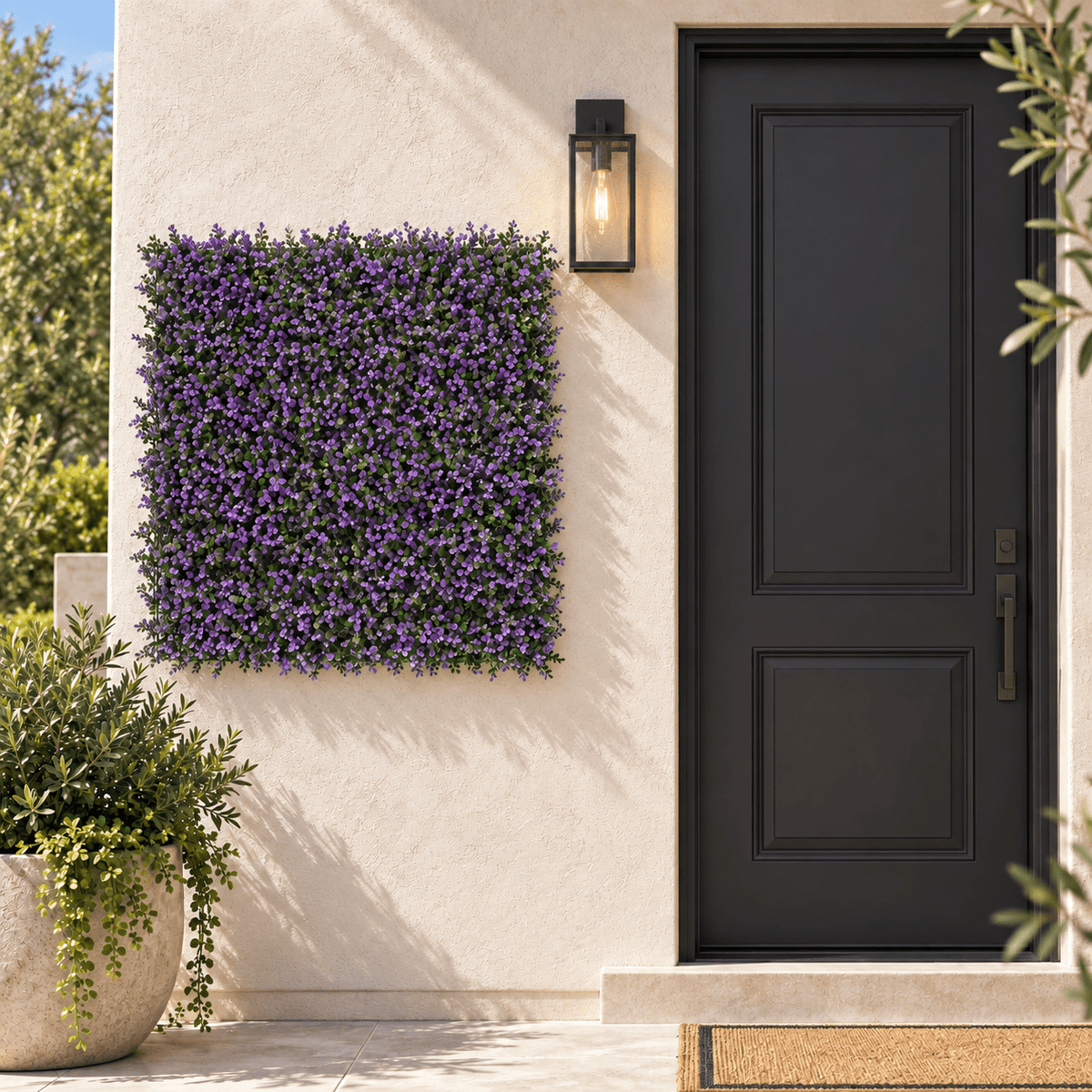 Purple Lavender Boxwood artificial vertical garden panel installed outdoors at realistic 40 by 40 inch scale