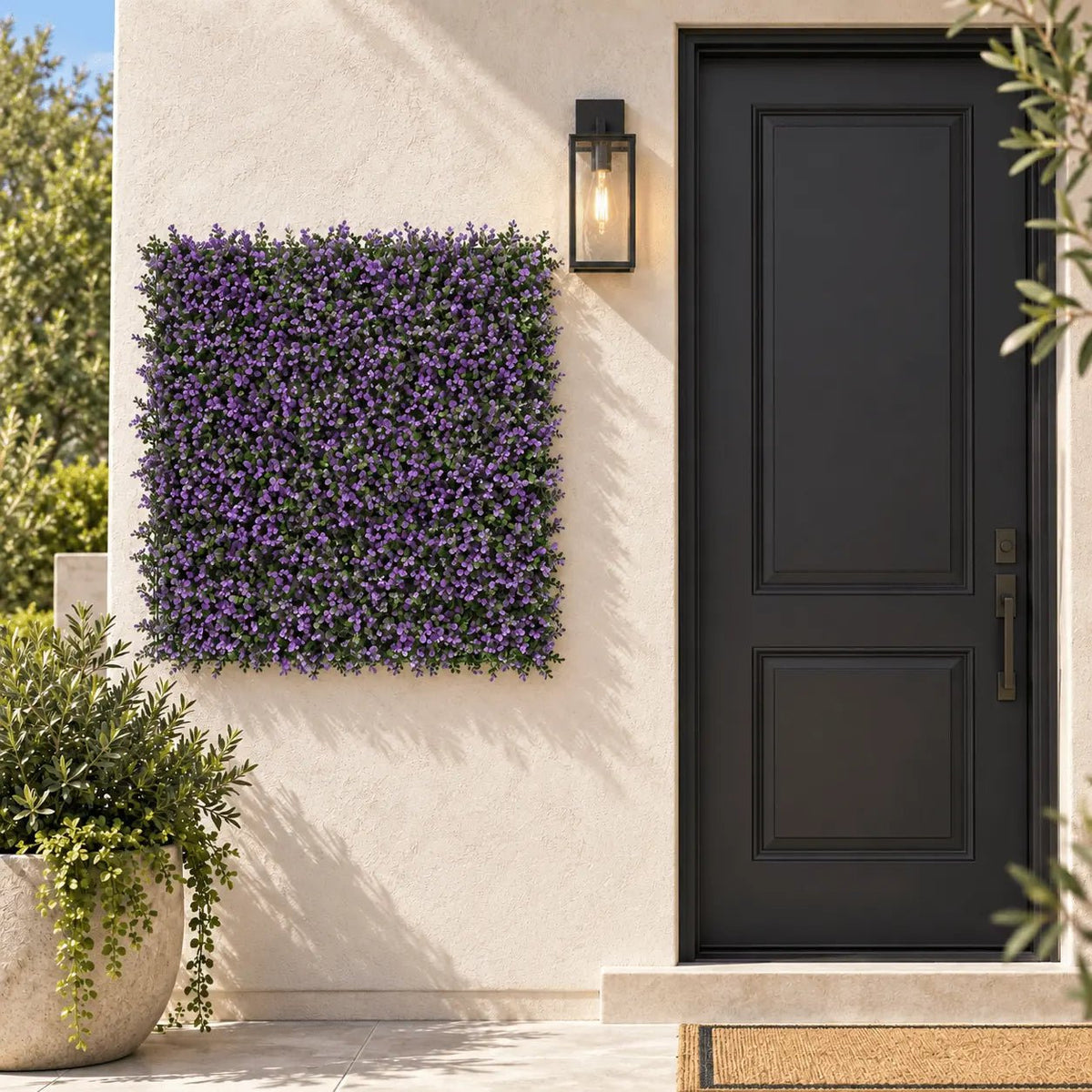 Purple Lavender Boxwood artificial vertical garden panel installed outdoors at realistic 40 by 40 inch scale
