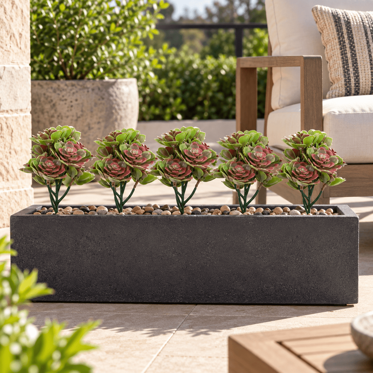 Set of five 11.8-inch UV-resistant red and green artificial aeonium stems in an outdoor planter