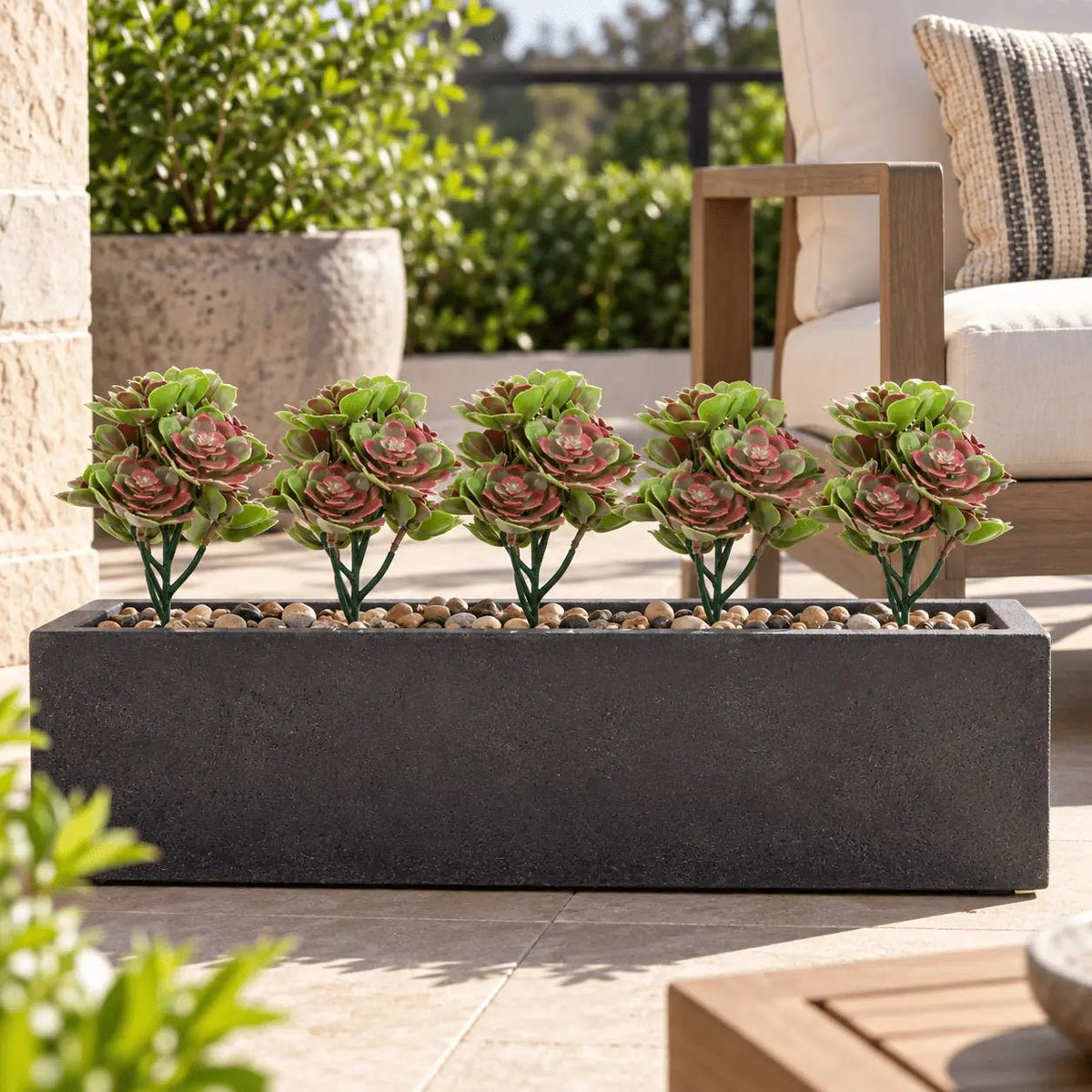 Set of five 11.8-inch UV-resistant red and green artificial aeonium stems in an outdoor planter