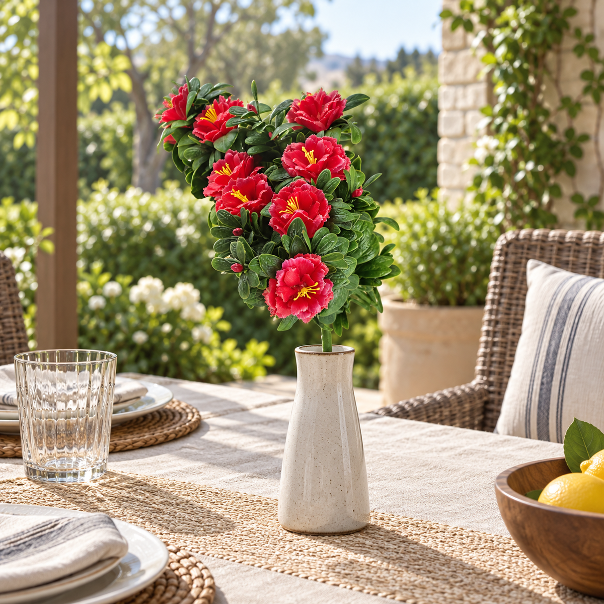 18-inch UV-resistant red rose artificial bunch displayed in a vase on a covered patio table