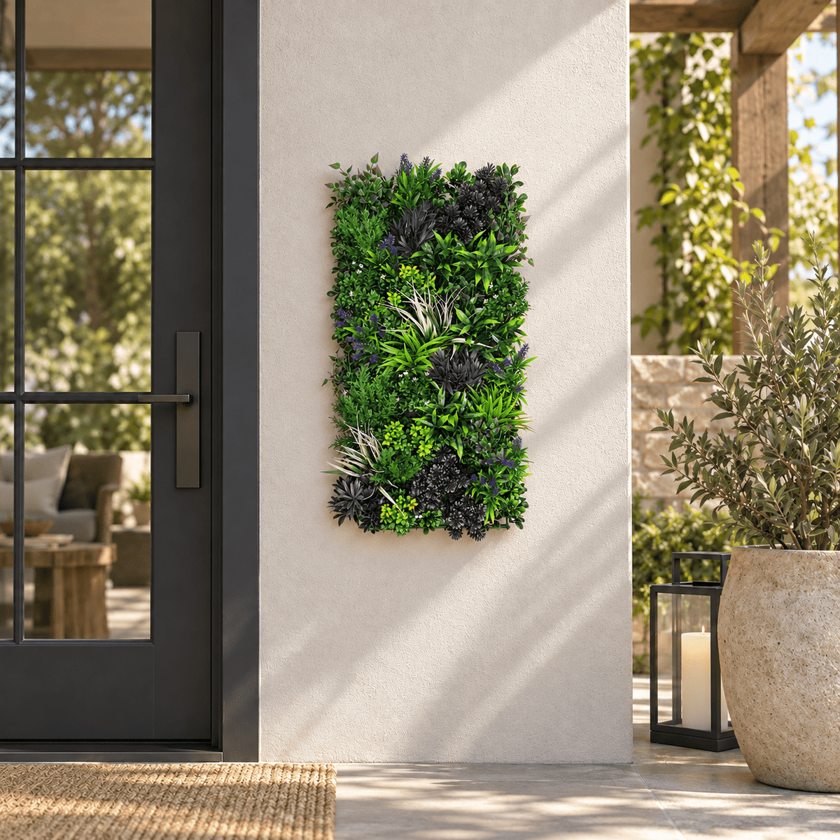 Rustic Botanical Lavender artificial green wall panel installed outdoors at realistic 20 by 40 inch scale