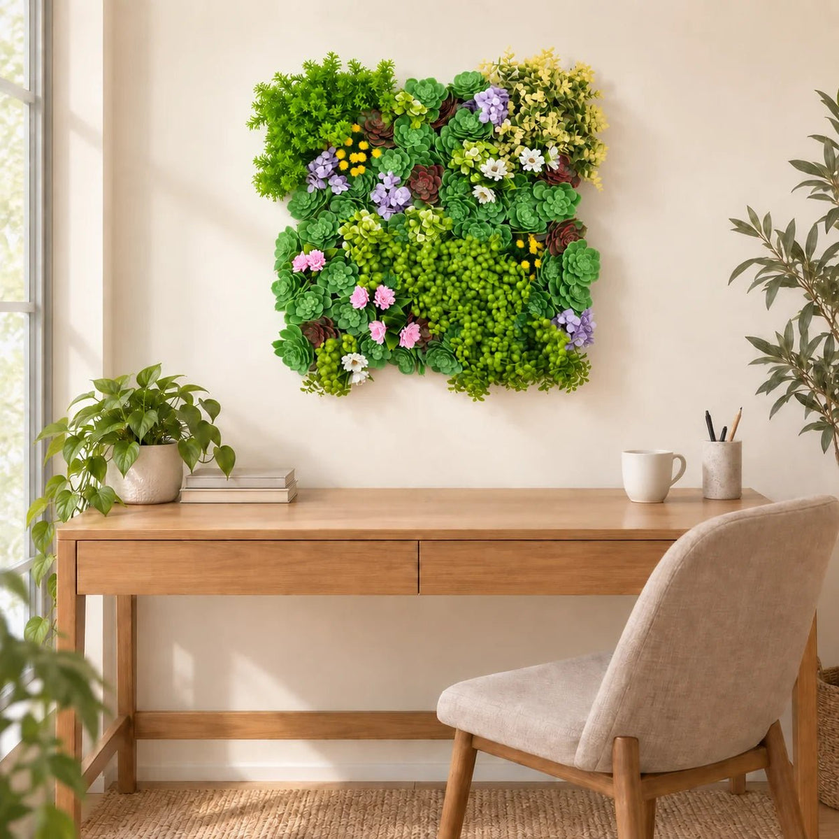 Artificial succulent wall panel above a timber home office desk