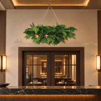 40-inch tropical artificial plant arrangement suspended over an indoor restaurant reception counter