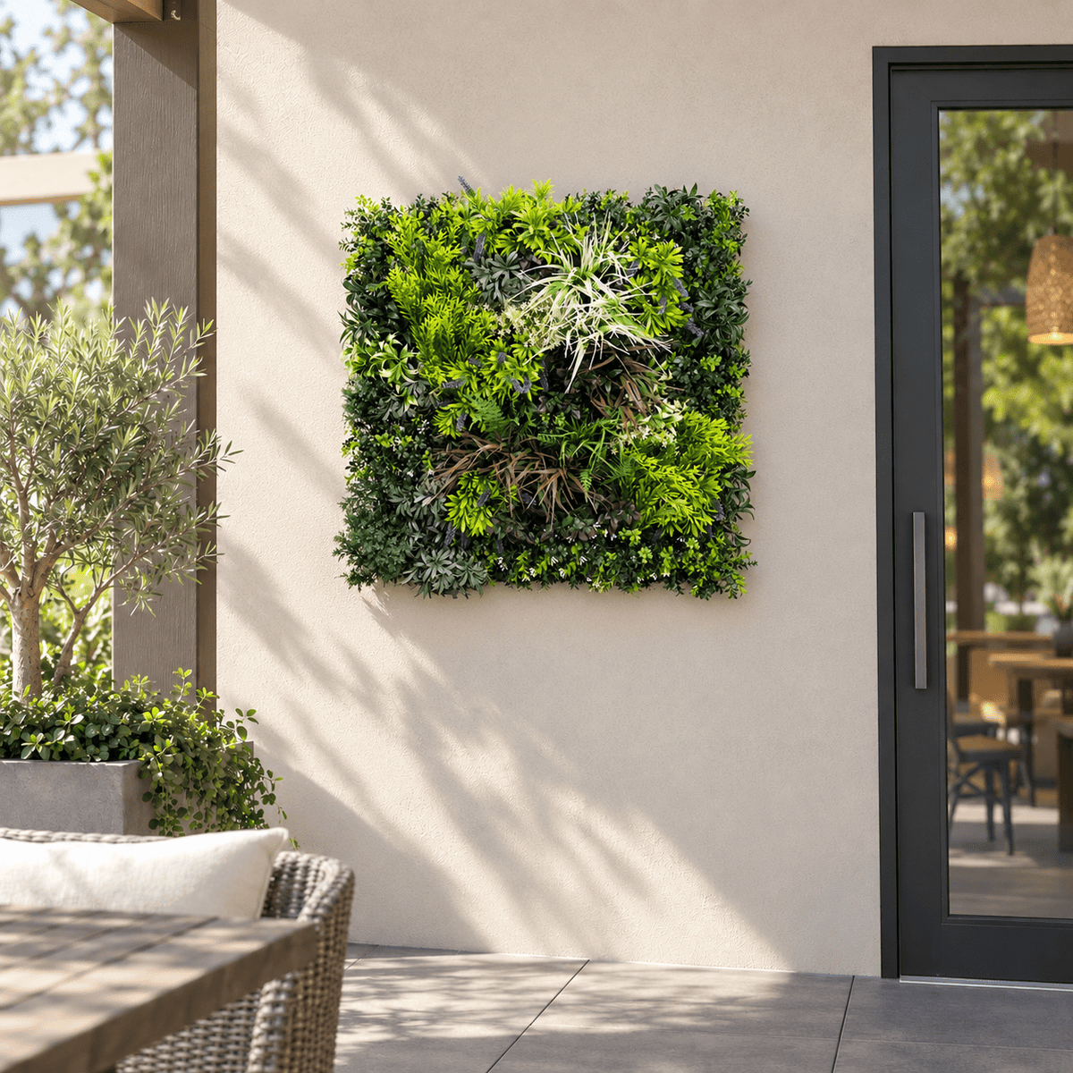 Tropical Forest artificial vertical garden panel installed outdoors at realistic 35 by 35 inch scale