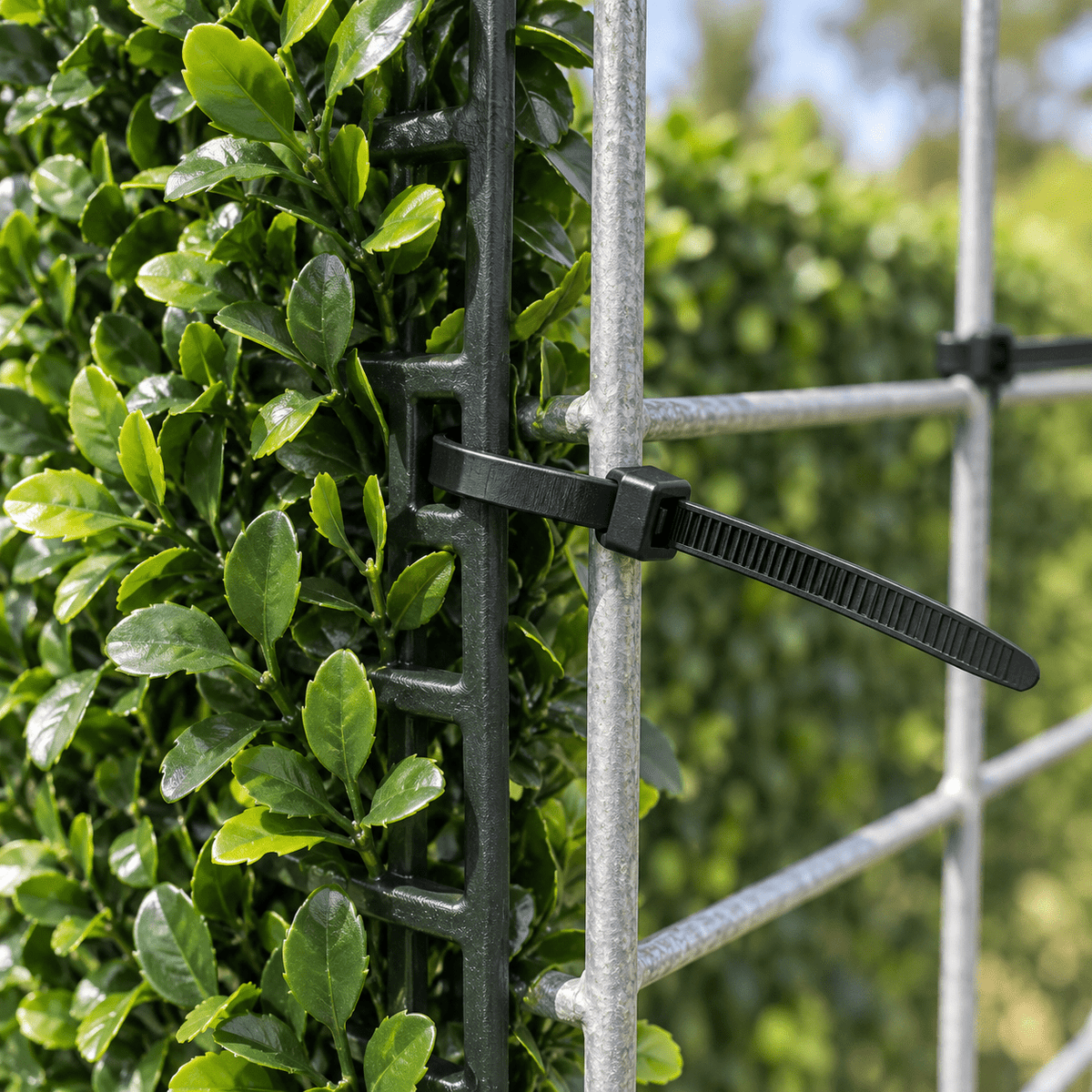 10-inch black UV-resistant zip tie securing an artificial green wall panel to outdoor wire mesh