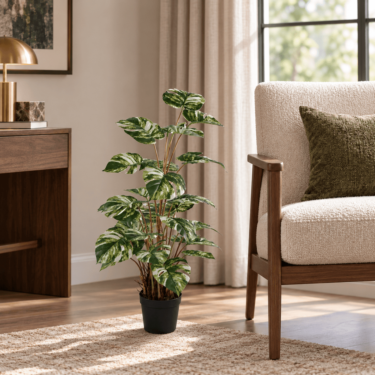 35.4-inch variegated Monstera Deliciosa artificial tree in its black nursery pot beside an indoor lounge chair