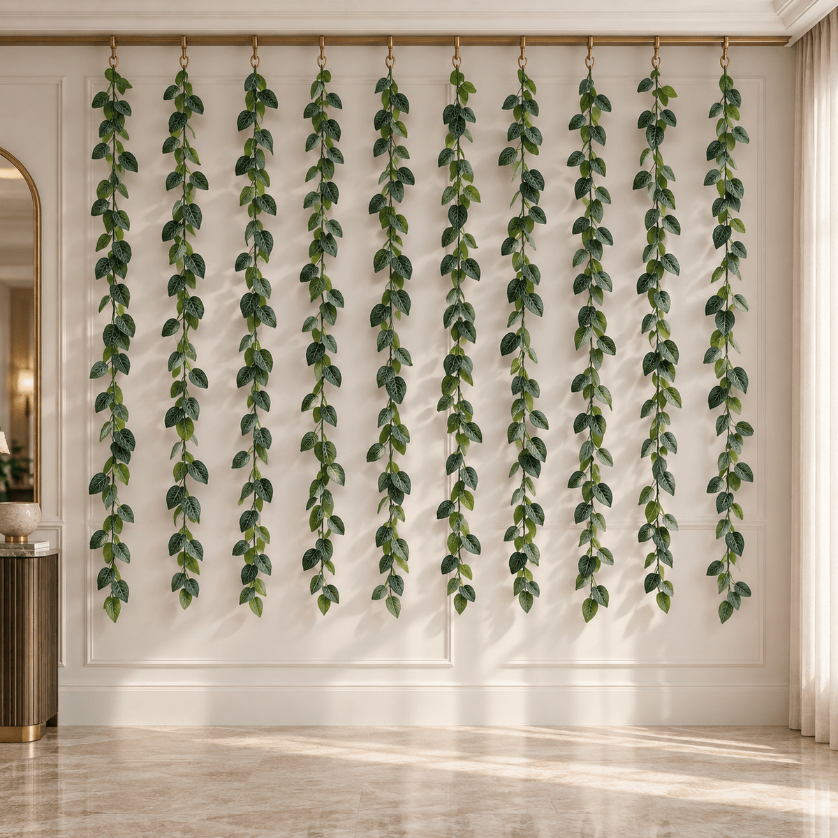 Set of ten 74.8-inch veined artificial ivy garlands installed on an indoor feature wall