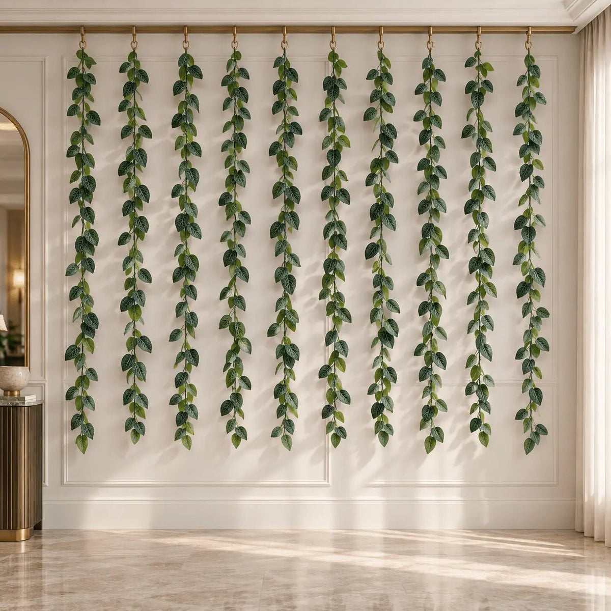 Set of ten 74.8-inch veined artificial ivy garlands installed on an indoor feature wall