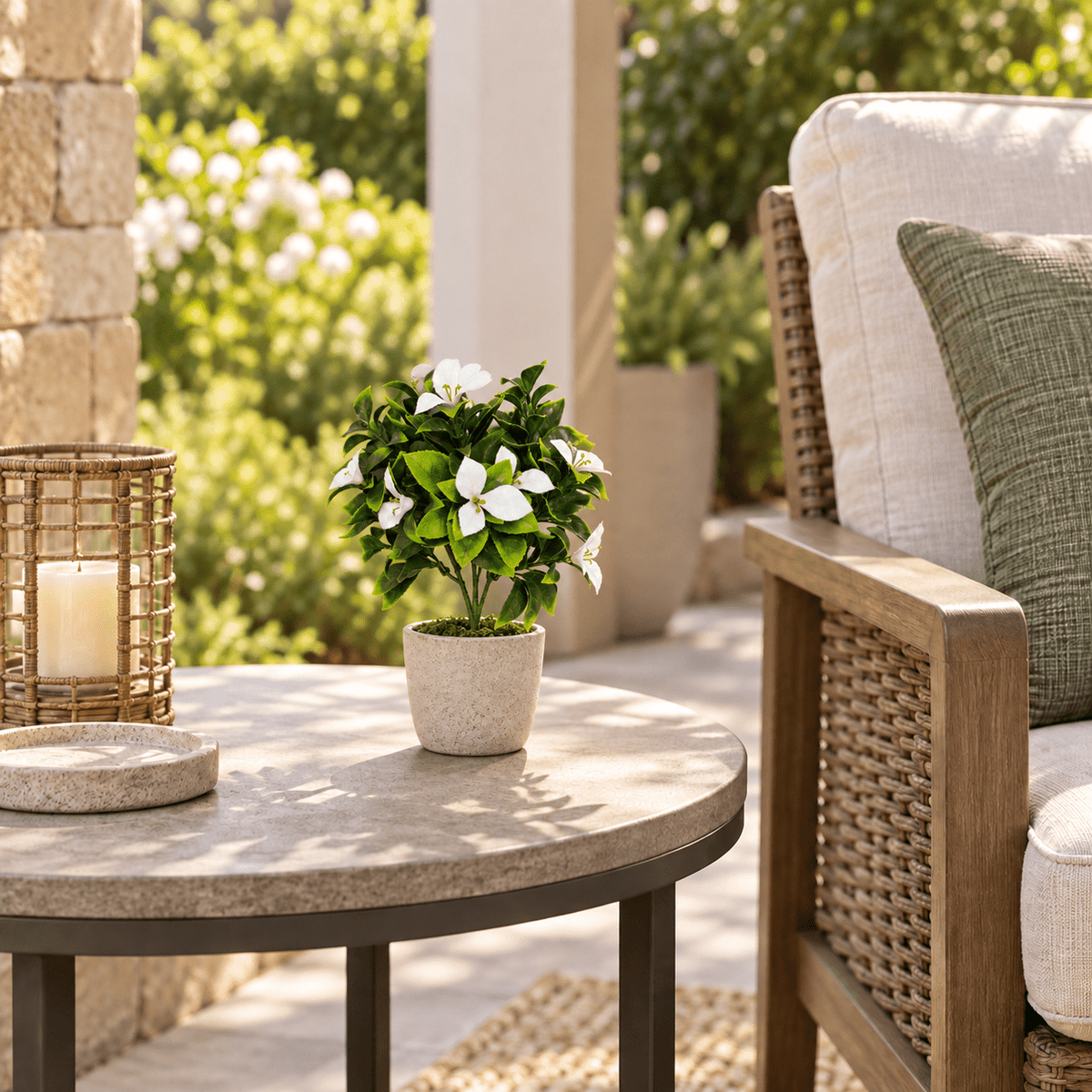 12-inch UV-resistant white bougainvillea artificial stem in a small pot on a covered patio table