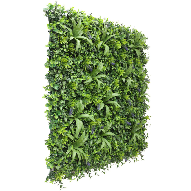 Artificial Living Wall With Lavender Flowers Side View of Hedge Panel