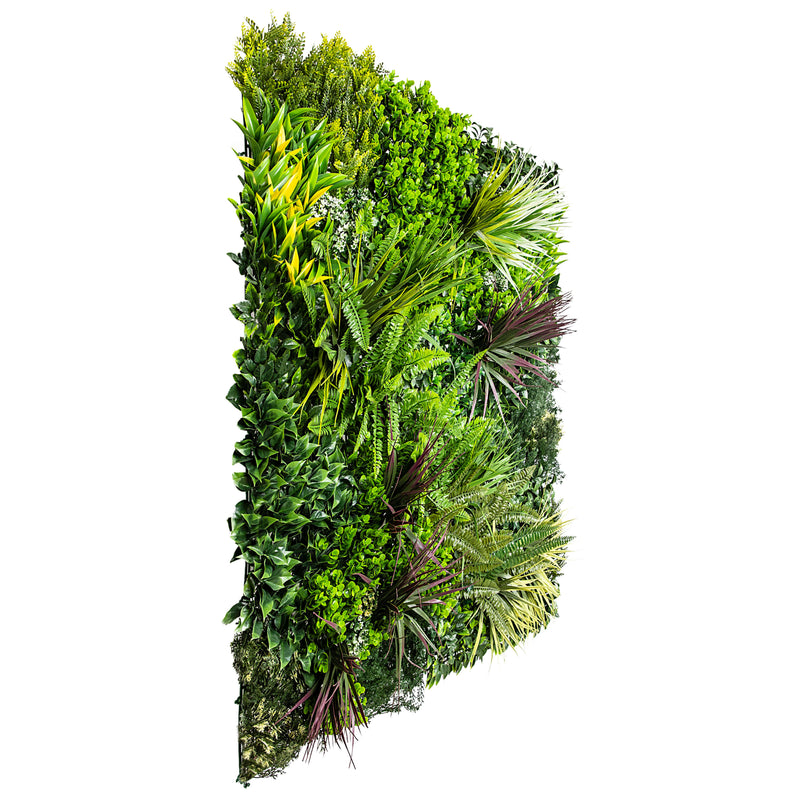 High quality artificial green wall panel with ferns and red grasses side view of living wall panel
