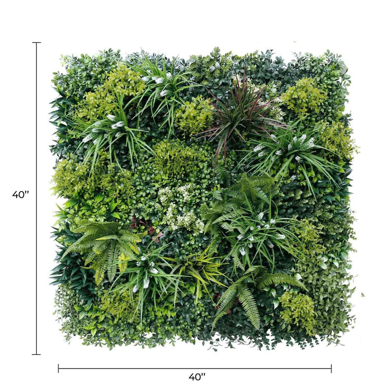 An image of a lush green wall with plants on it, featuring the Ultra-Luxury Lush Spring Artificial Vertical Garden Green Wall 40" x 40" 11SQ FT Commercial Grade UV Resistant.